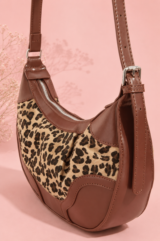 Fame Leopard Print Half Moon Shoulder Bag