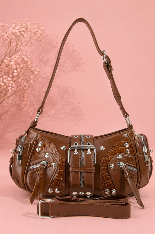 Fame Rivet Detail Leather Shoulder Bag