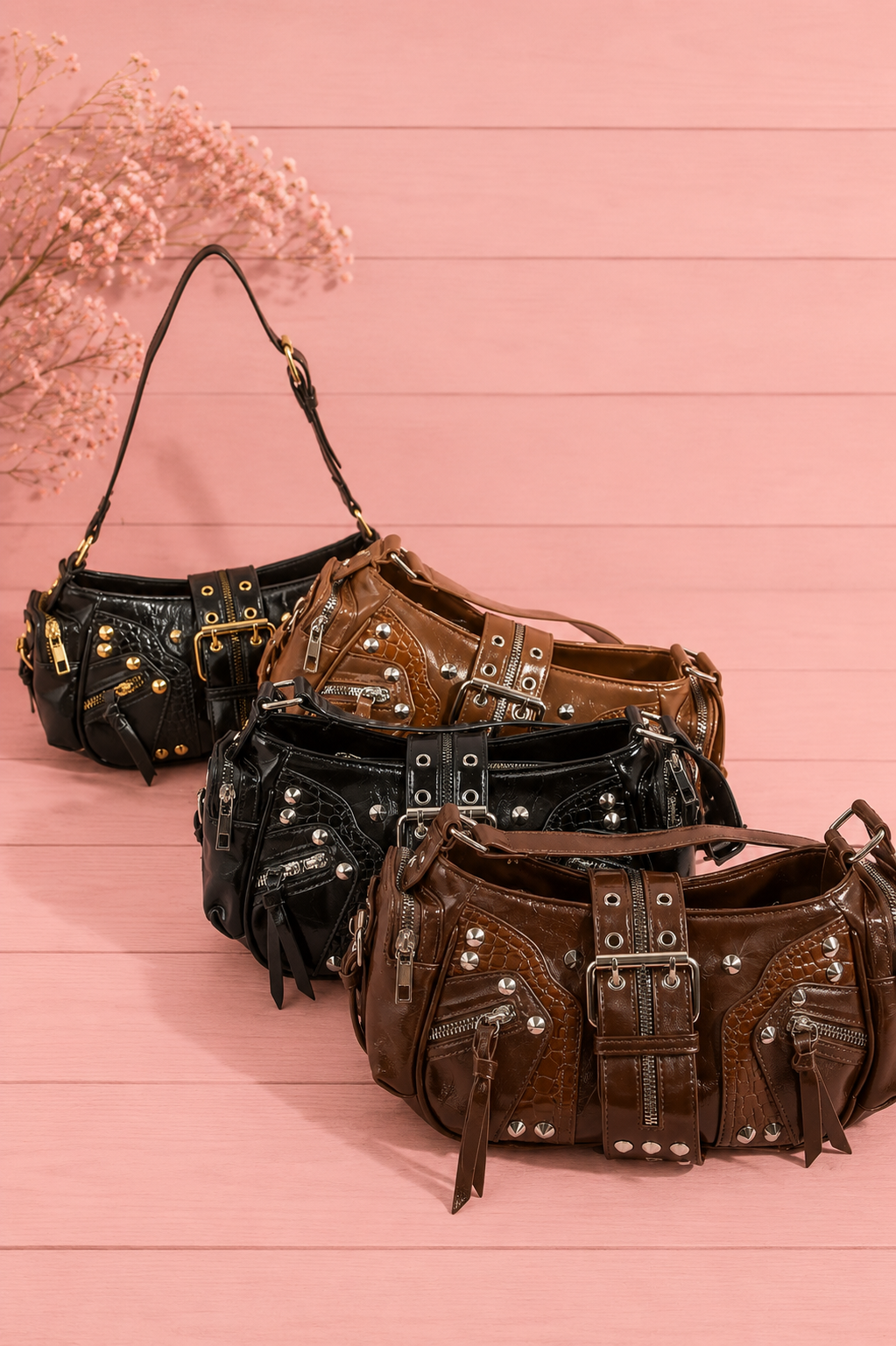 Fame Rivet Detail Leather Shoulder Bag