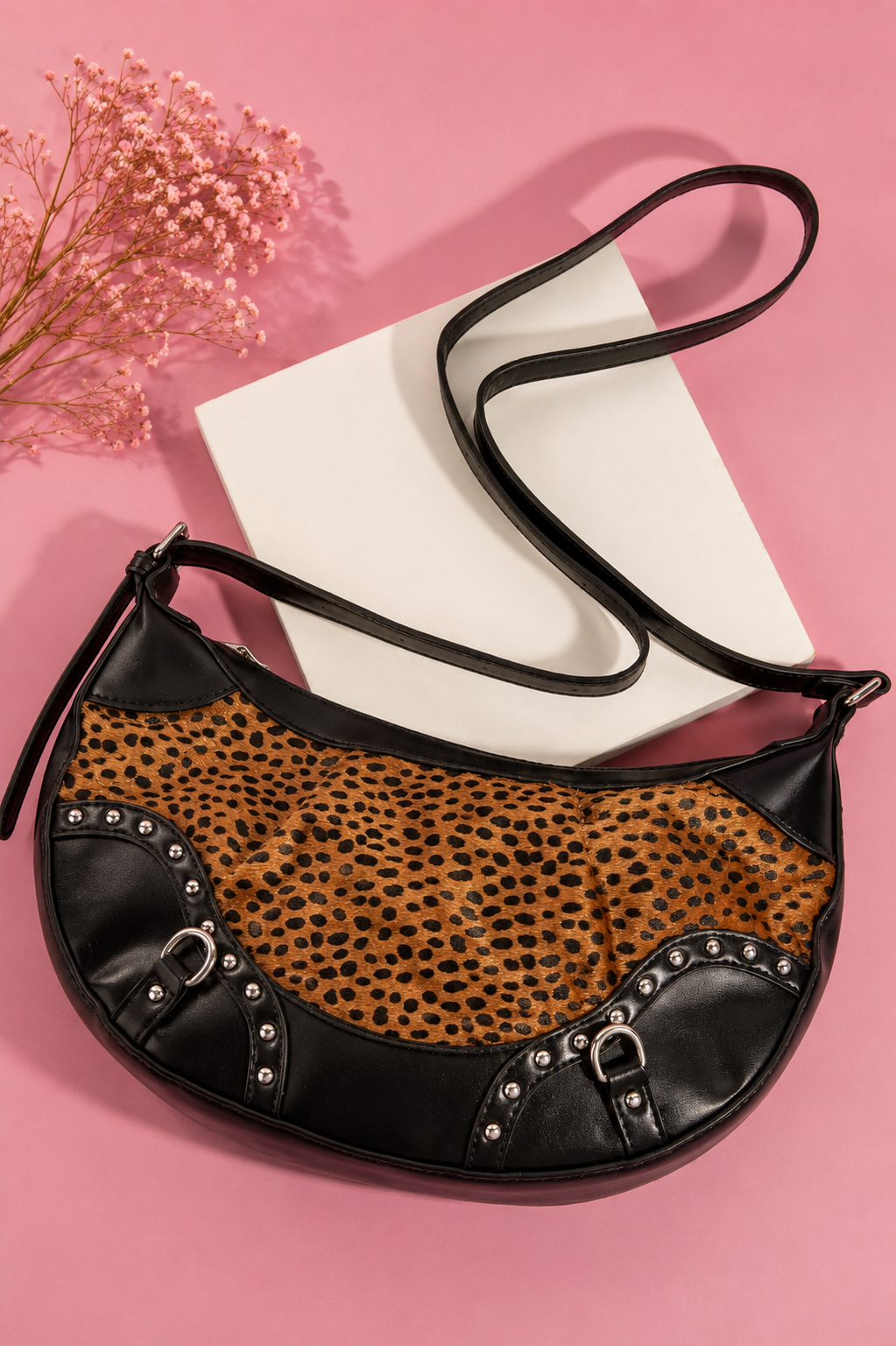 Fame Dark Spotted Leopard Print Half Moon Shoulder Bag