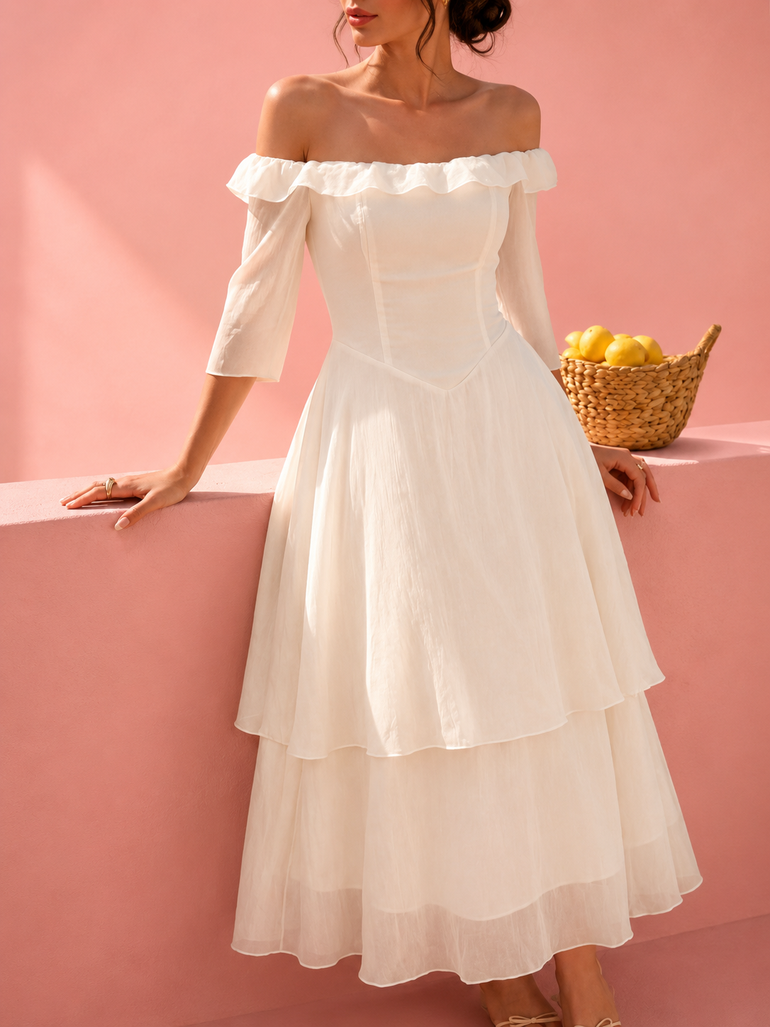 Off-Shoulder Layered Midi Dress