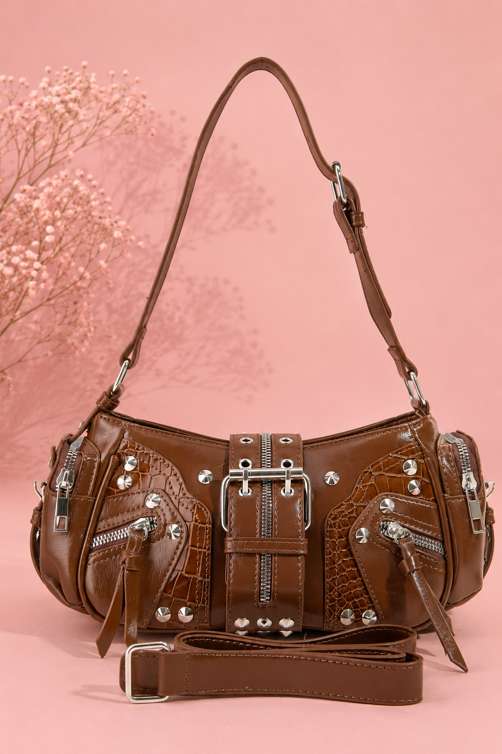 Fame Rivet Detail Leather Shoulder Bag