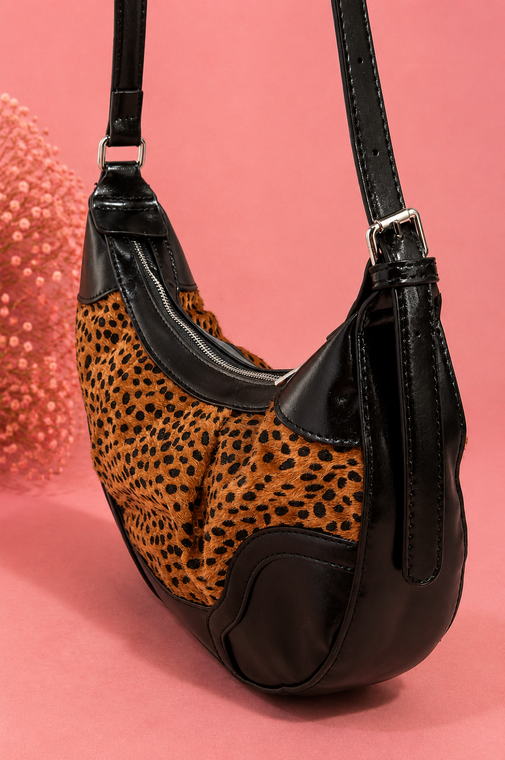 Fame Dark Spotted Leopard Print Half Moon Shoulder Bag