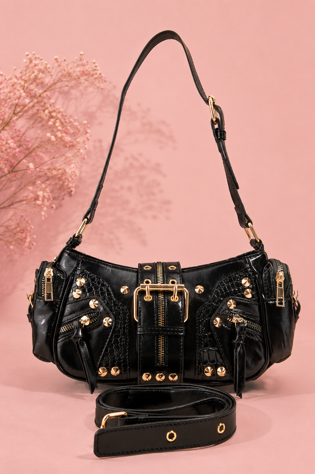 Fame Rivet Detail Leather Shoulder Bag