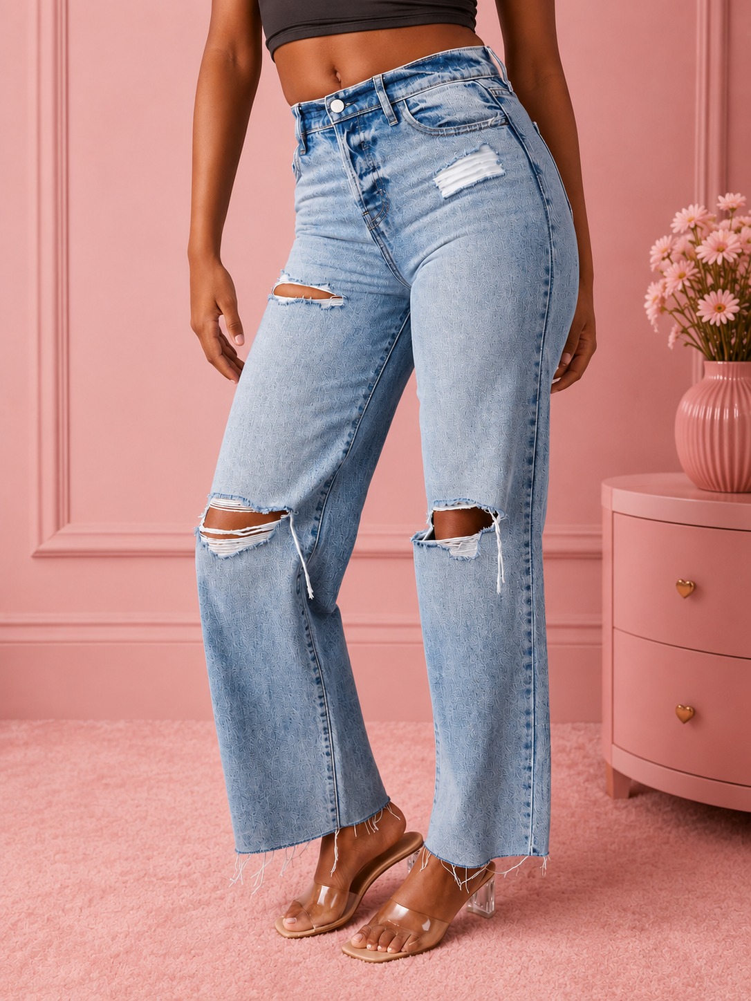 Distressed Straight Leg Jeans with Pockets