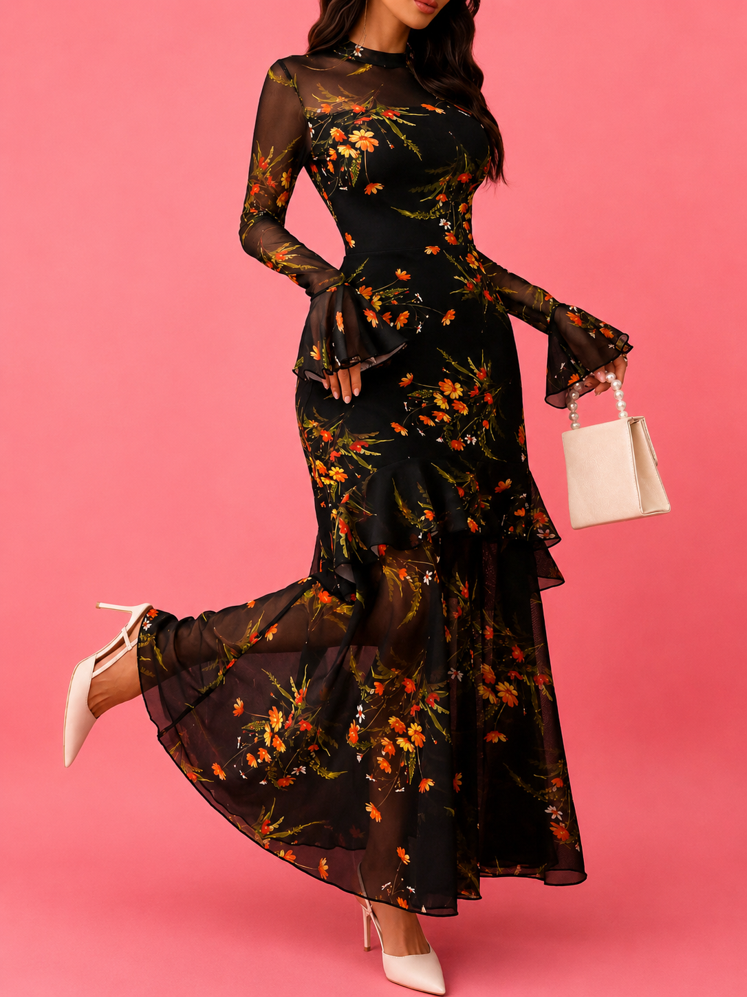 Floral Print Flounce Sleeve Mermaid Maxi Dress