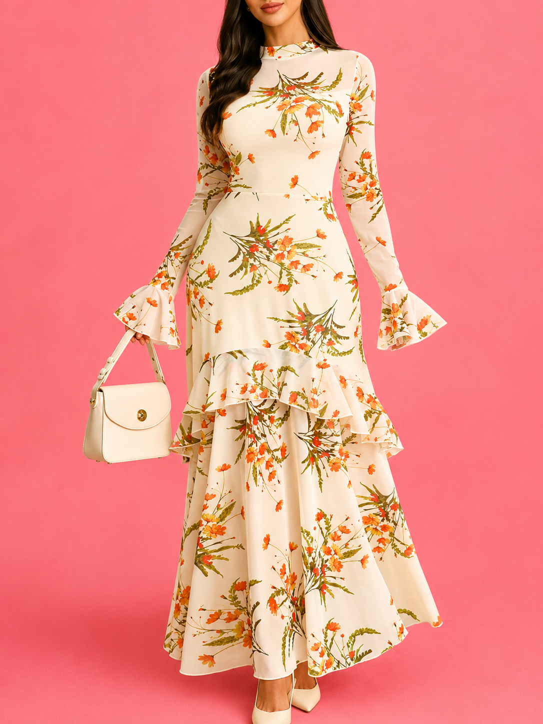 Floral Print Flounce Sleeve Mermaid Maxi Dress