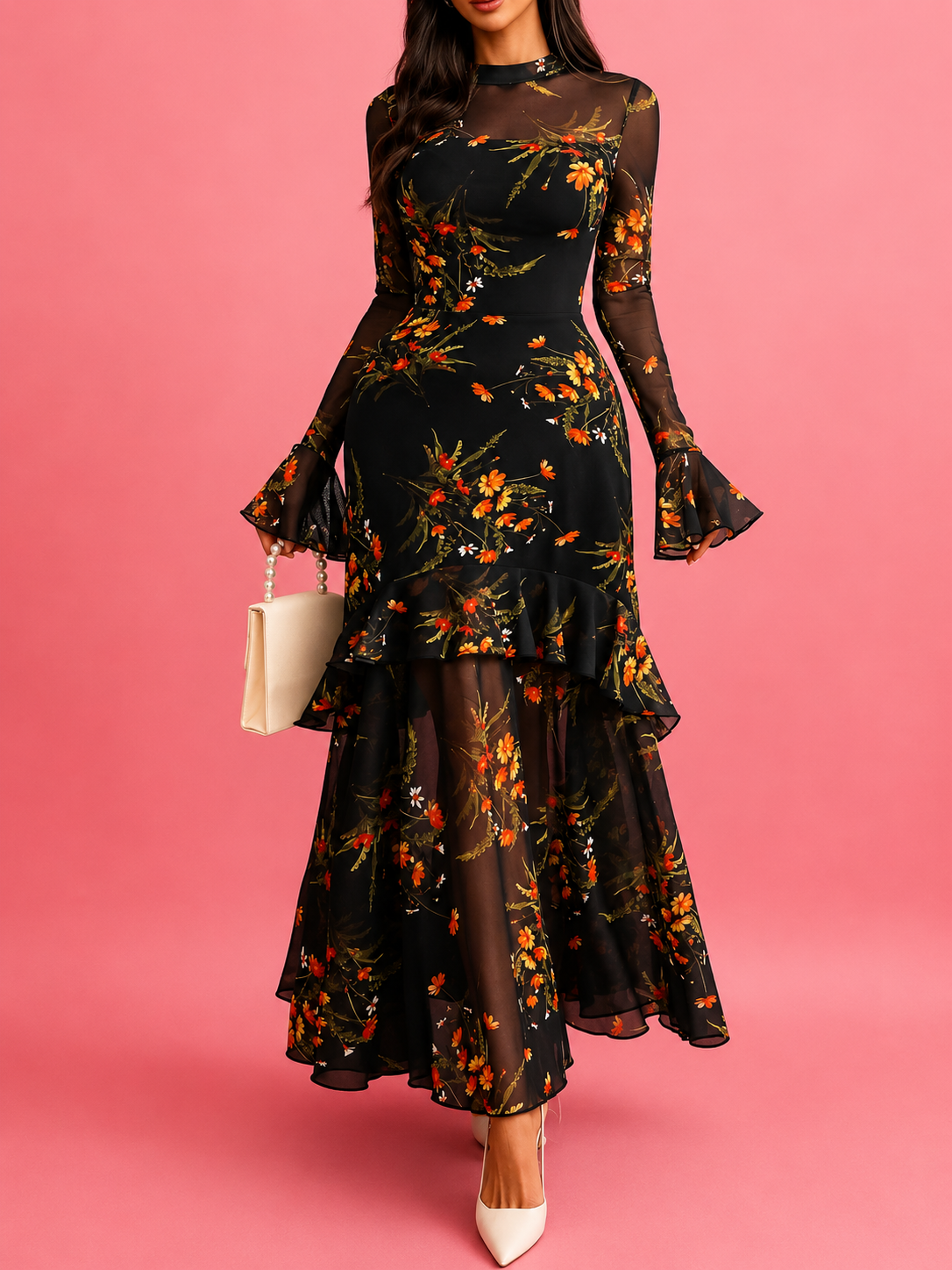 Floral Print Flounce Sleeve Mermaid Maxi Dress