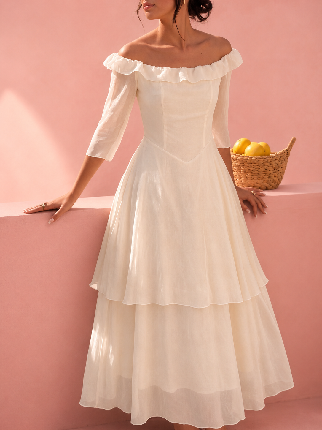 Off-Shoulder Layered Midi Dress