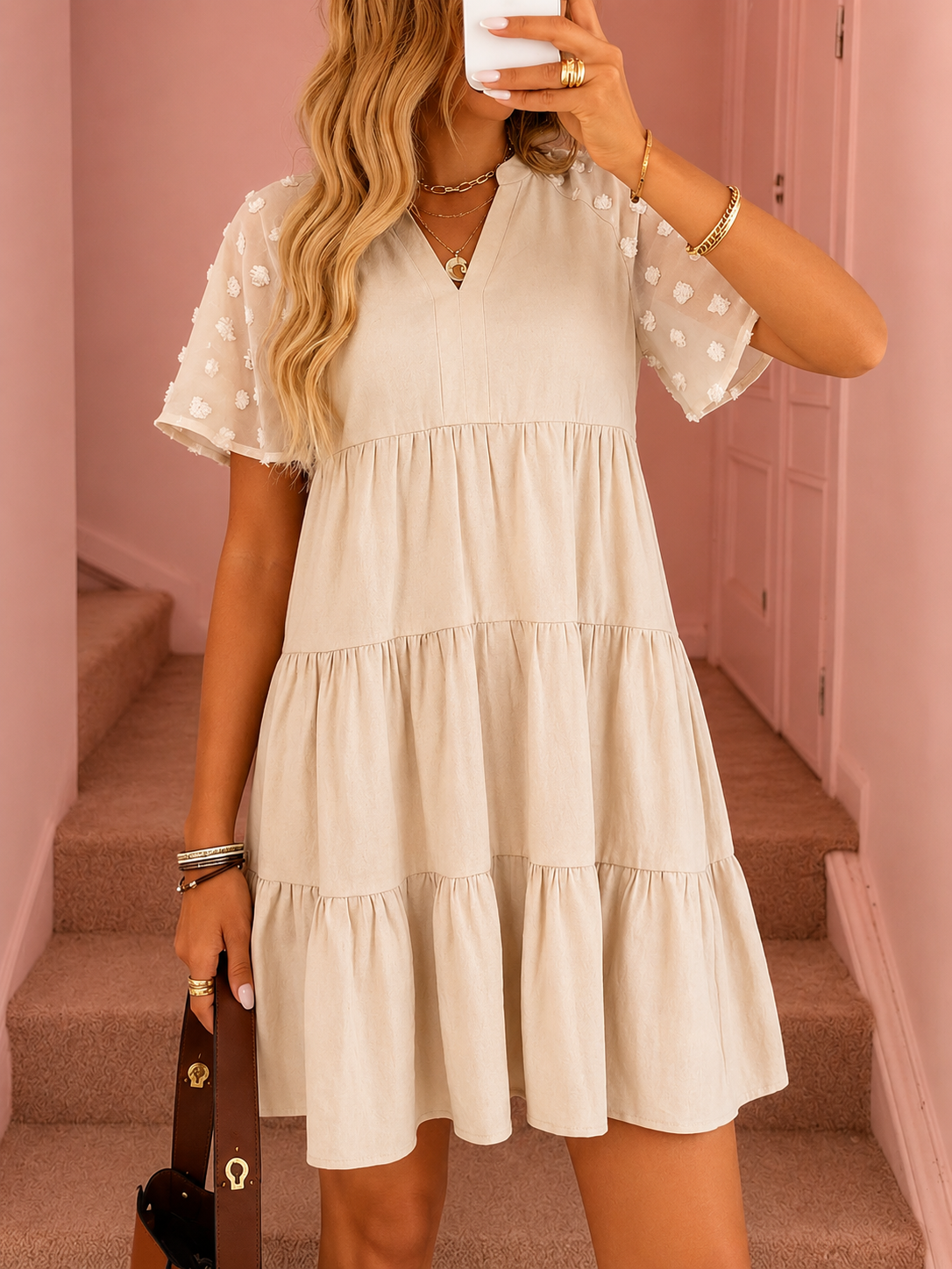 Casual Tiered Mini Dress with Swiss Dot Sleeves