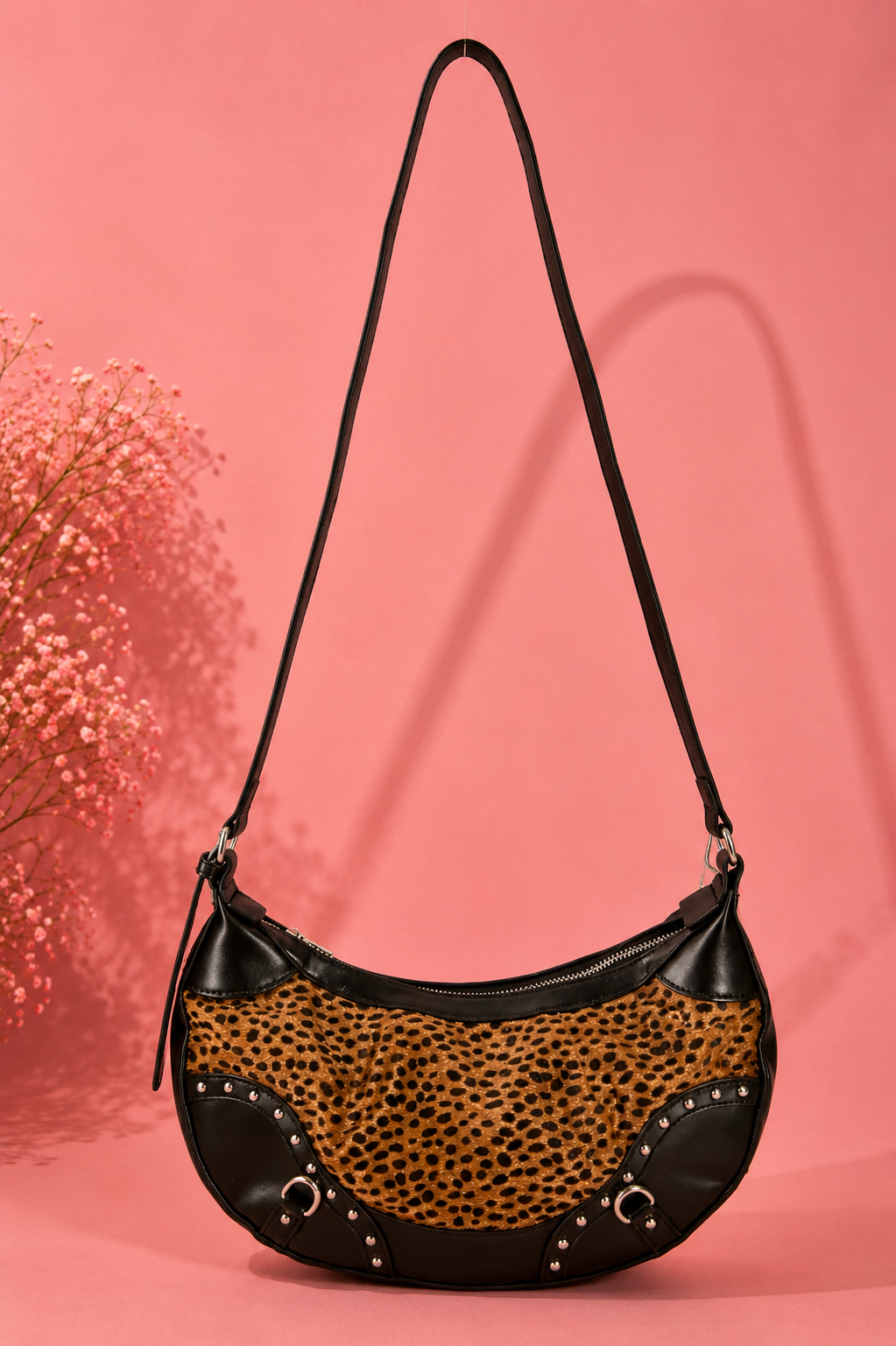 Fame Dark Spotted Leopard Print Half Moon Shoulder Bag